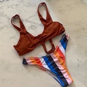 Front Tie Solid Bikini Top&Stripe Print Bikini Bottom